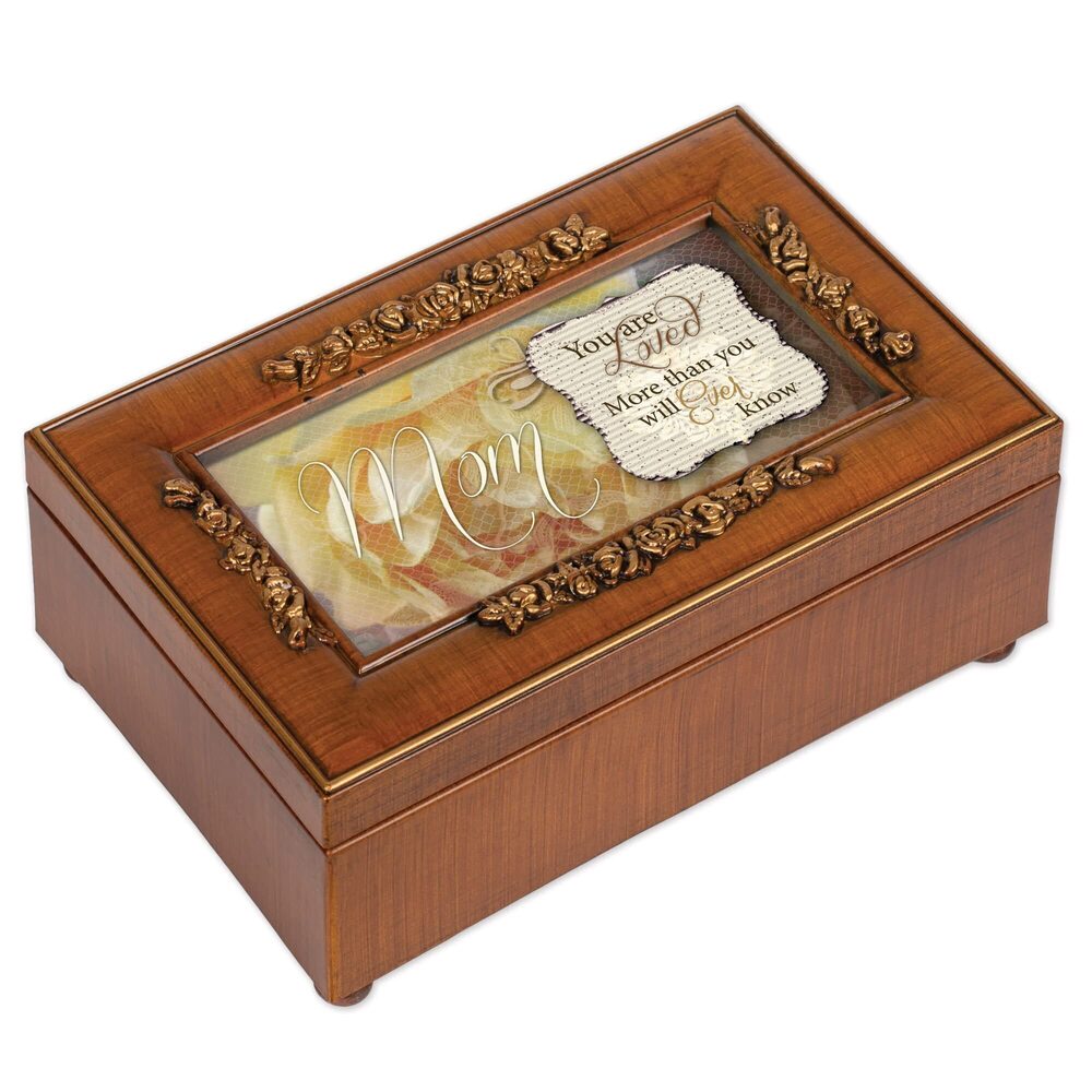 4860 Mom You are Loved Woodgrain Embossed Petite Rose Music Box Plays Wind